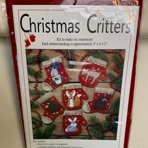 Christmas Critters Kit to make 6 ornaments, mitten and stocking.