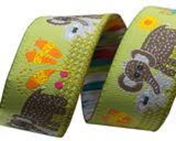 7/8", woven jacquard ribbon, Elephant on bright green background