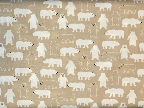 100 percent cotton fabric polar bears on a sand color background. Quantity 1= fat quarter. Greater than 1 is a continuous cut.