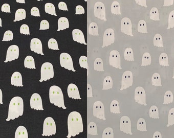 100 percent cotton fabric Halloween ghosts, choose grey or black background. Quantity 1= fat quarter. Greater than 1 is a continuous cut.
