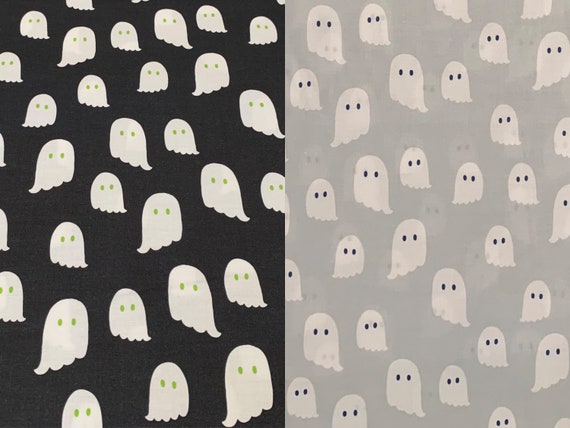 100 percent cotton fabric Halloween ghosts, choose grey or black background. Quantity 1= fat quarter. Greater than 1 is a continuous cut.