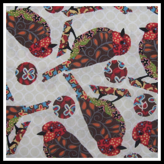 100 percent cotton fabric Beautiful birds on ivory background. Quantity 1= fat quarter. Greater than 1 is a continuous cut.