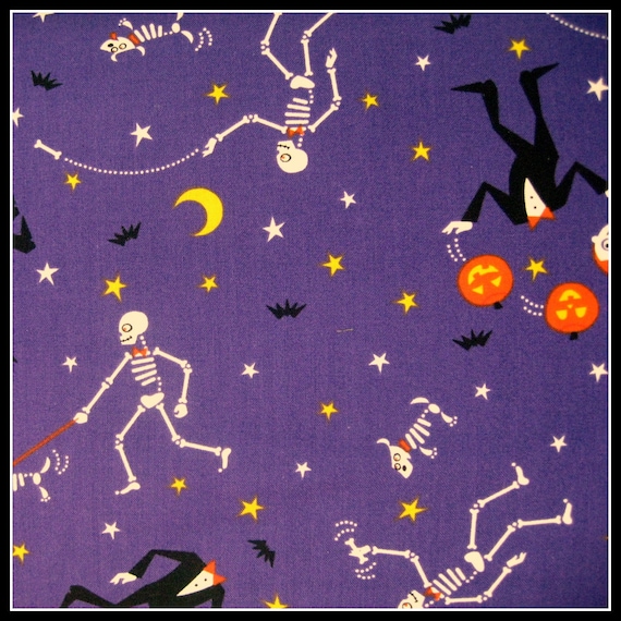 100 percent cotton fabric Eerie Alley Halloween Purple Background. Quantity 1= fat quarter. Greater than 1 is a continuous cut.
