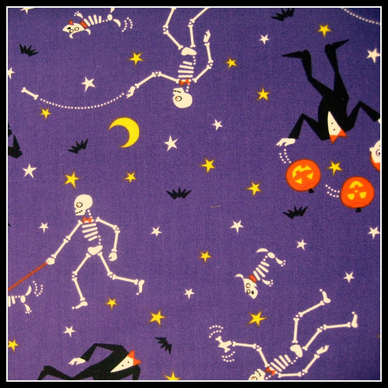 May include: Purple fabric with a repeating pattern of skeletons, bats, stars, and pumpkins. The skeletons are white and are in various poses, including walking, holding a leash, and swinging from a rope. The bats are black and are flying in the air. The stars are yellow and are scattered across the fabric. The pumpkins are orange and are being juggled by a black figure.