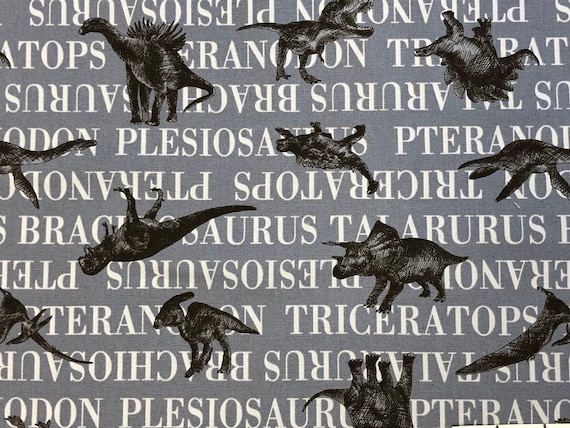 100 percent cotton Oxford Fabric Dinosaurs on Grey. Quantity 1= fat quarter. Greater than 1 is a continuous cut.