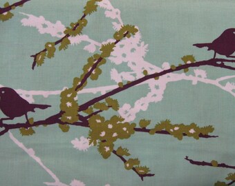 100 percent cotton fabric Mint Green with purple birds, olive accents. Quantity 1= fat quarter. Greater than 1 is a continuous cut.