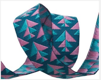 5/8-inch woven jacquard ribbon, pink and teal, an Amy Butler design.