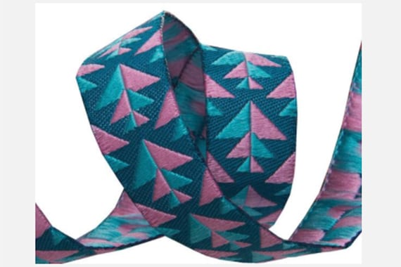 5/8-inch woven jacquard ribbon, pink and teal, an Amy Butler design.