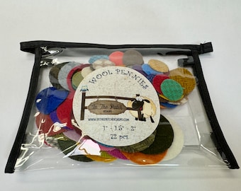 Wool Pennies, 72 pieces, three sizes, in a vinyl zipper pouch.