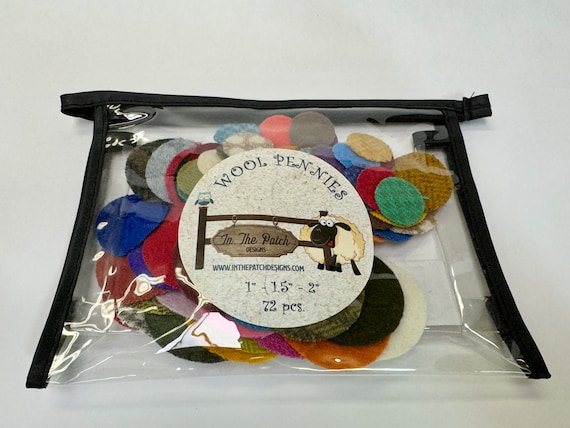 Wool Pennies, 72 pieces, three sizes, in a vinyl zipper pouch.