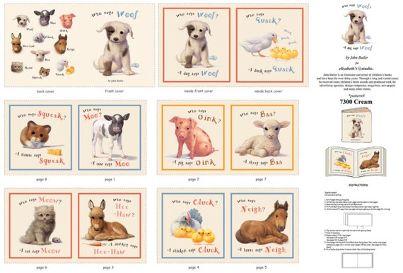Soft Cloth Book Fabric Panel, vintage animal sounds theme, price is per panel.