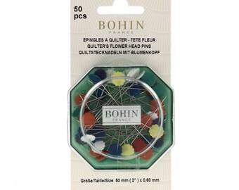 Bohin Flower Head Pins, 2 inch, assorted colors, 50 pins