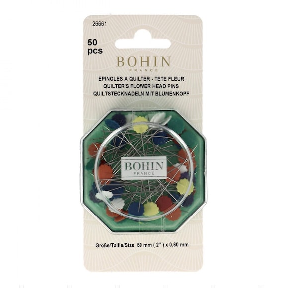 Bohin Flower Head Pins, 2 inch, assorted colors, 50 pins