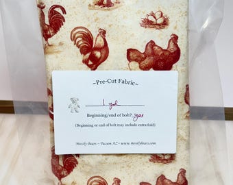 A single 1-yard piece of this fabric. 100 percent cotton vintage looking chickens and Roosters. Rust on cream.