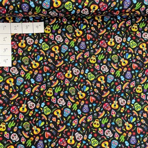 100 percent cotton fabric Day of The Dead Quantity 1= fat quarter. Greater than 1 is a continuous cut.