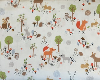 100 percent cotton fabric gentle forest animals on white background. Quantity 1= fat quarter. Greater than 1 is a continuous cut.