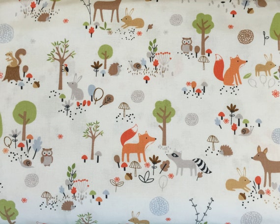 100 percent cotton fabric gentle forest animals on white background. Quantity 1= fat quarter. Greater than 1 is a continuous cut.