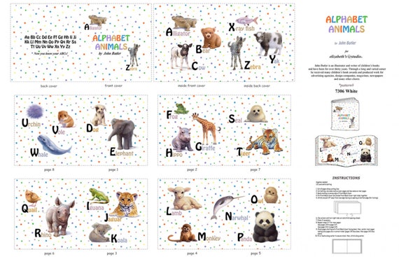 Soft Cloth Book Fabric Panel, animal alphabet with unique animals, price is per panel.