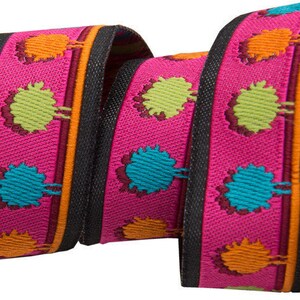 7/8-inch woven jacquard ribbon, Pom Poms on Bright Pink