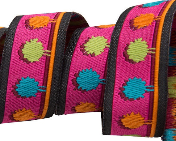 7/8-inch woven jacquard ribbon, Pom Poms on Bright Pink