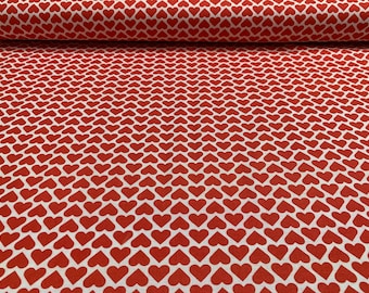 100 percent cotton fabric with red hearts all over. Quantity 1= fat quarter. Greater than 1 is a continuous cut.