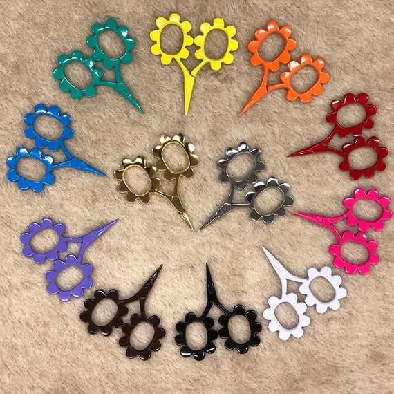 Flower shaped scissors from Kelmscott Designs, enameled metal, 2.5 inches. Black only still available.