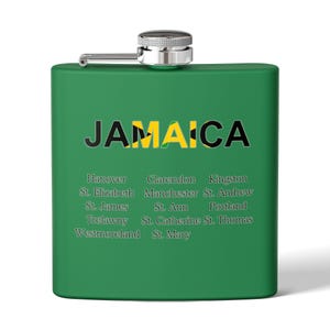 May include: A green metal flask with a silver cap. The flask has the word "JAMAICA" printed on it in black letters with the Jamaican flag colours in the background. Below the word "JAMAICA" are the names of the parishes of Jamaica.