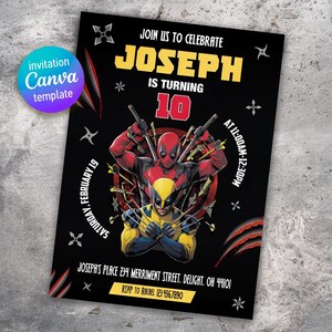 Edytowalne zaproszenie urodzinowe Deadpool i Wolverine, impreza superbohaterów Wolverine Deadpool, zaproszenie do druku