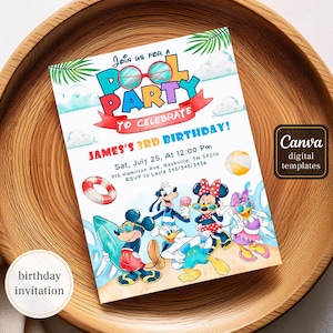 May include: A rectangular birthday invitation card featuring the text Join us for a Pool Party to celebrate James's 3rd Birthday. The design includes illustrations of Mickey Mouse, Minnie Mouse, Goofy, Donald Duck, and Daisy Duck in swimwear.