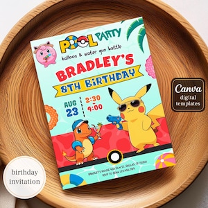 Anime Birthday Invitation, Editable bday Party Invite, Digital Download for Boys, Pool party Theme Printable Card, Custom Pika Evite