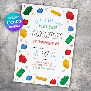 May include: A white birthday invitation with a colourful Lego theme. The invitation says "Join us for some play time Brandon is turning 5!" with a date and time. The invitation is decorated with colourful Lego blocks.
