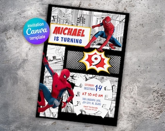 Spiderman birthday invitation, comics superhero invite, printable editable spidey party invite template, spider-man digital template