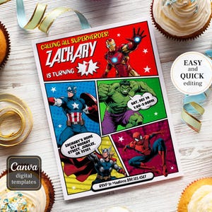 May include: Superhero-themed birthday invitation featuring Iron Man, Captain America, Hulk, and Spider-Man. The invitation includes the text "Calling all superheroes! Zachary is turning 7." and event details. The invitation is surrounded by cupcakes and ribbons.