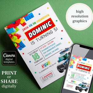 May include: A colorful invitation for a birthday party with a Lego theme. The invitation features a red, yellow, blue, and green Lego block design. The text on the invitation reads "Join us to celebrate Dominic is turning 5!" and includes the date, time, and location of the party.