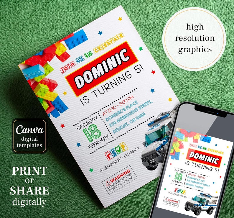 May include: A colorful invitation for a birthday party with a Lego theme. The invitation features a red, yellow, blue, and green Lego block design. The text on the invitation reads "Join us to celebrate Dominic is turning 5!" and includes the date, time, and location of the party.