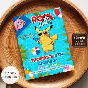 Anime Birthday Invitation, Editable bday Party Invite, Digital Download for Boys, Pool party Theme Printable Card, Custom Pika Evite