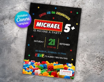 Building blocks invitation, Building blocks invite, printable editable invitation template, constructor invite template