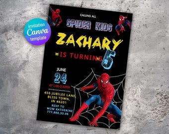 Spiderman birthday invitation, comics superhero invite, printable editable spidey party invite template, spider-man digital template