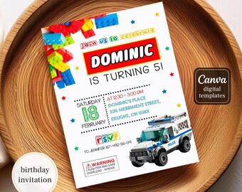 Building blocks invitation, bricks invite, printable editable invitation template, construction police car invite template, 1st 2nd 3rd bday