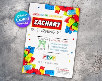 May include: A colorful birthday invitation with a Lego theme. The invitation is for Zachary's 5th birthday party. It includes the date, time, location, and RSVP information. The invitation also has a warning that there will be laughter and cake overload.