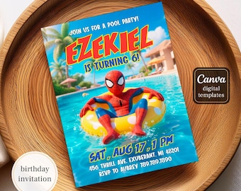 Spidey Pool Party Invitation, Editable Superhero Birthday Invite, Swim Theme Digital Download, Spiderman Water Bash Printable Template