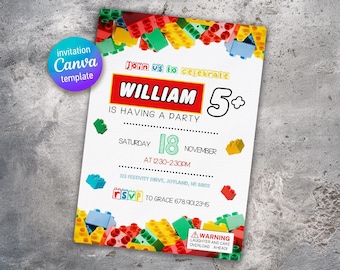 Building blocks invitation, Building blocks invite, printable editable invitation template, constructor invite template
