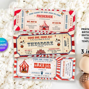 Könnte beinhalten: Drei druckbare Geburtstagseinladungs-Ticketvorlagen. Jedes Ticket hat ein Zirkus-Thema mit rot-weißen Streifen, einer Zirkuszelt-Illustration und Veranstaltungsdetails. Die Tickets sind im Vintage-Stil gestaltet.