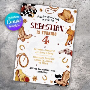 Invito di compleanno da cowboy stampabile, modello di invito rodeo modificabile, invito di compleanno del selvaggio West, festa di cowboy, compleanno del ragazzo, primo secondo