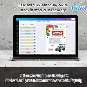 May include: A laptop screen displaying a Canva design template for a birthday invitation. The invitation features a colorful Lego-themed design with a police car and the text "Dominic is turning 51". The text "Easy and quick edit on any device in any Browser or in Canva app" is displayed at the top of the screen.
