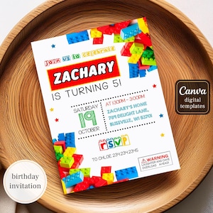 May include: A colorful birthday invitation for a child turning 5. The invitation features a red, yellow, and blue Lego brick design with the text "Join us to celebrate Zachary is turning 5!" The invitation includes the date, time, and location of the party.