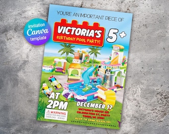 Building blocks invitation, Building blocks water slide invite, printable editable invitation template, constructor invite template
