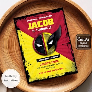 Editable Deadpool and Wolverine Birthday Invitation, Wolverine Deadpool Superheroes Party, printable Invitation