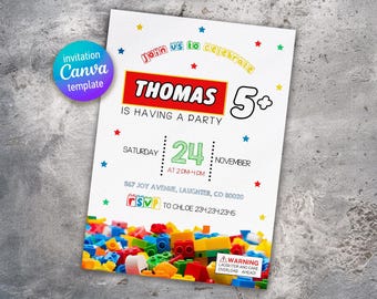 Building blocks invitation, Building blocks invite, printable editable invitation template, constructor invite template