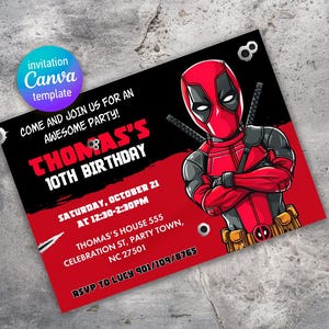 Editable Deadpool and Wolverine Birthday Invitation, Dead pool Superheroes Party, printable Invitation